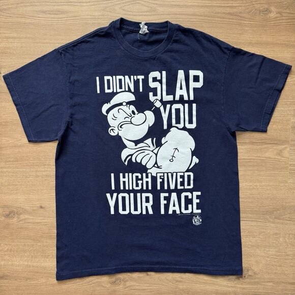 2012 Popeye I Didn’t Slap You I High Fived Your Face Graphic T-Shirt L Navy - Picture 8 of 8